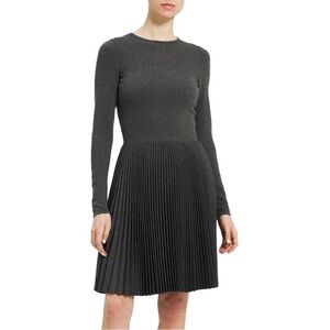 Theory Charcoal Gray Pleated Long-Sleeve Dress